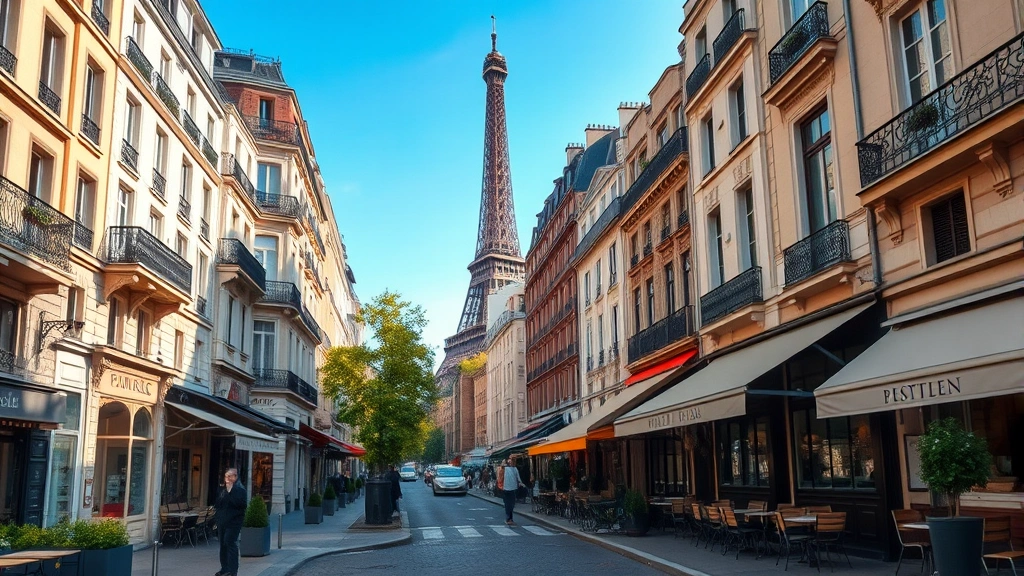 Parisian street scene showing Eiffel Tower in distance with charming Parisian architecture, outdoor café seating, and European urban landscape during daytime