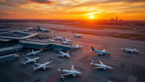Aerial view of Philadelphia International Airport tarmac with multiple commercial aircraft parked at gates during golden hour sunset, showing terminal buildings and runway infrastructure
