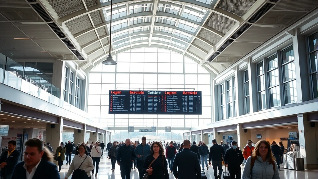 Busy Boston Logan Airport departure hall with travelers walking through modern terminal, flight information displays overhead, and natural light streaming through large windows
