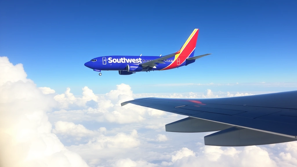 Southwest Airlines Boeing 737 aircraft in flight against blue sky with white clouds, captured from another aircraft showing the distinctive livery and wing details