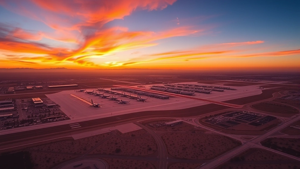 Aerial sunset view of Phoenix Sky Harbor International Airport with runways and desert landscape below, golden hour lighting, realistic photography style