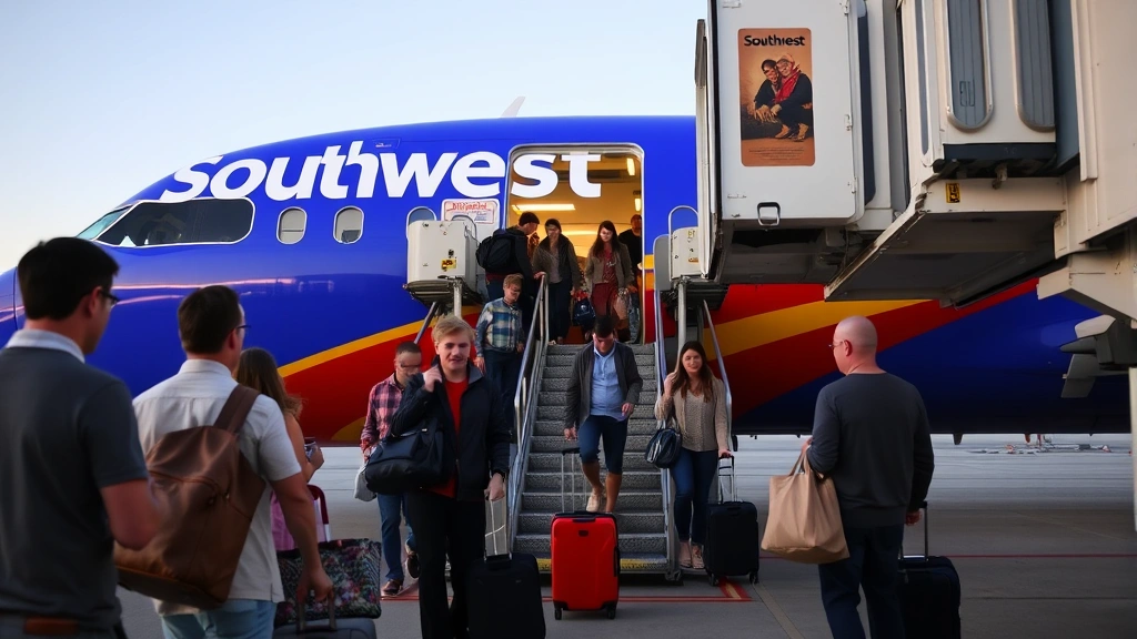 Passengers boarding a Southwest Airlines aircraft at Phoenix airport, showing the jet bridge and excited travelers with luggage, daytime scene