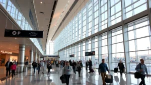 Phoenix Sky Harbor International Airport modern terminal interior with travelers, glass architecture, natural lighting, no signage or text visible