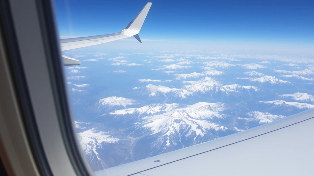 Airplane window view during flight over mountainous terrain, snow-covered peaks below, natural daylight, wing partially visible, no text or labels