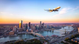 Aerial view of Pittsburgh skyline at golden hour with rivers and bridges visible, commercial aircraft approaching in background, realistic photography, no text