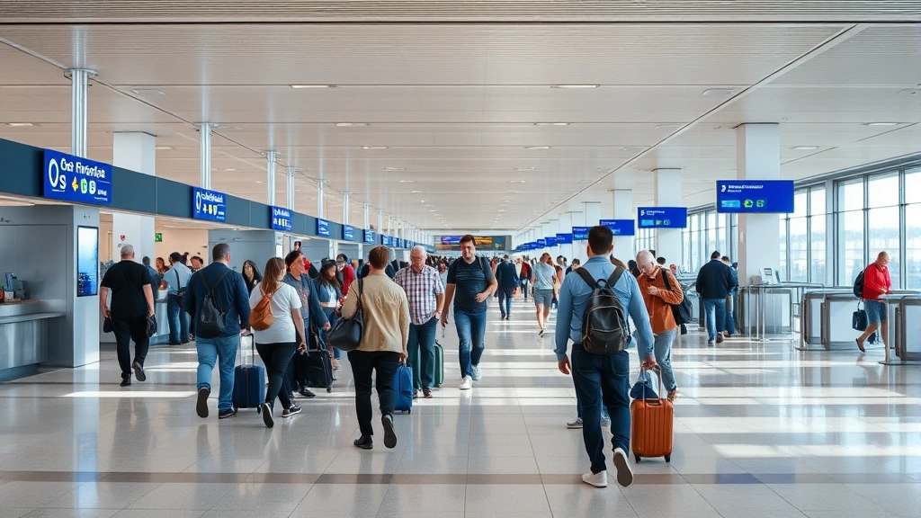 Busy airport terminal interior showing passengers checking in at counters and walking through modern facilities, natural lighting, travel photography style, no signage text