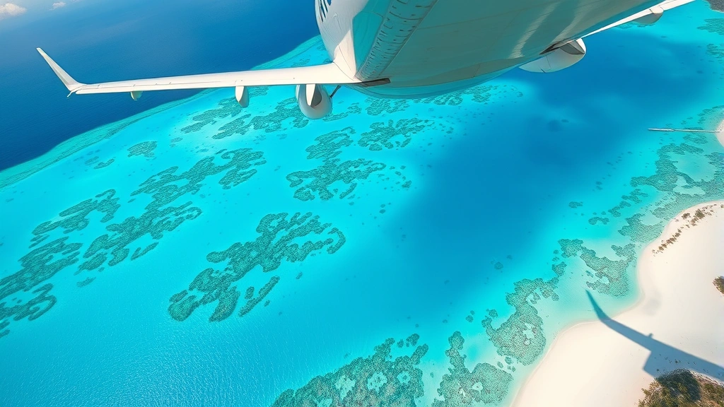 Overhead shot of a commercial aircraft approaching Antigua's coastline with pristine white sand beaches and coral reefs visible below in crystal clear water