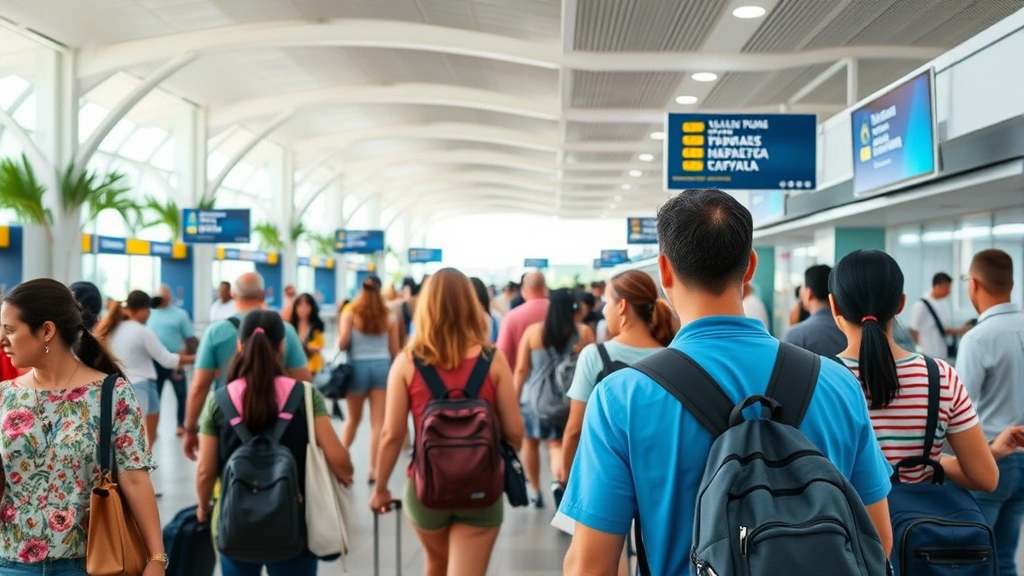 Busy airport departure hall with diverse travelers checking in at ticket counters, with tropical airport design elements and people of various nationalities preparing for Caribbean travel