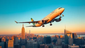 Professional photograph of a commercial airliner in flight over the Manhattan skyline with New York City buildings visible below during golden hour, clear blue sky, no text visible