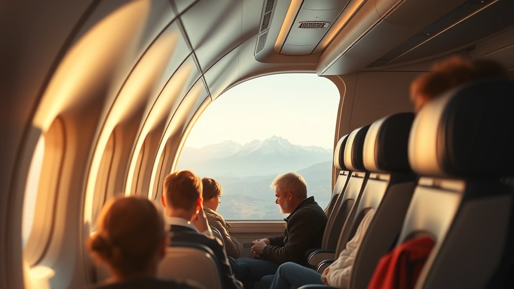 Modern commercial aircraft cabin interior with passengers seated, window showing mountain scenery outside, warm natural lighting, contemporary aircraft design