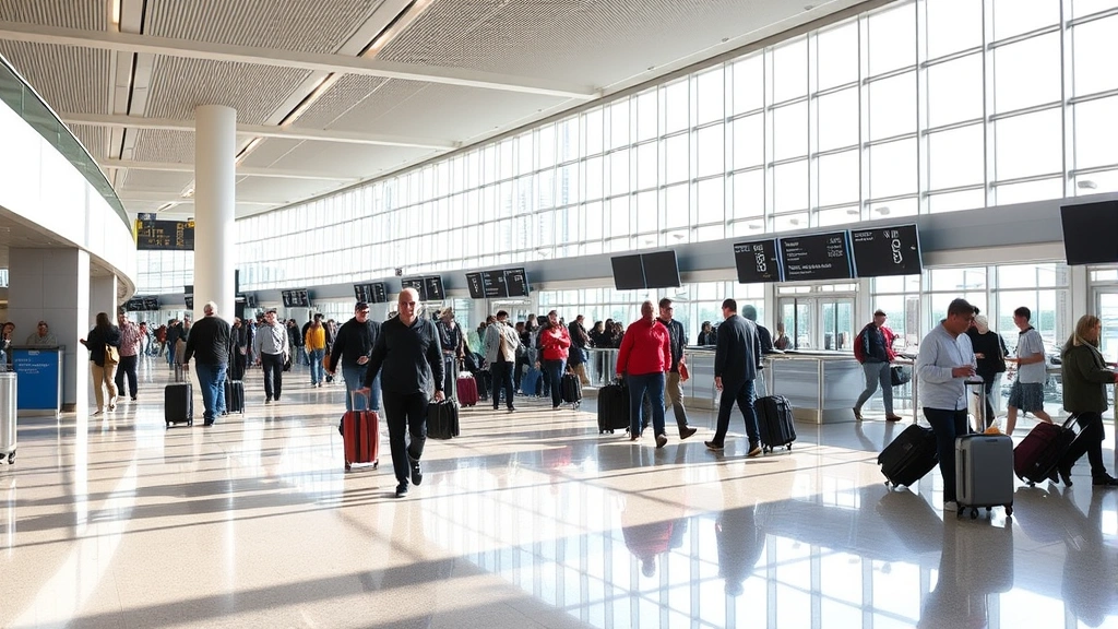 Calgary International Airport departure hall with modern architecture, travelers with luggage, bright natural lighting from large windows, bustling travel atmosphere