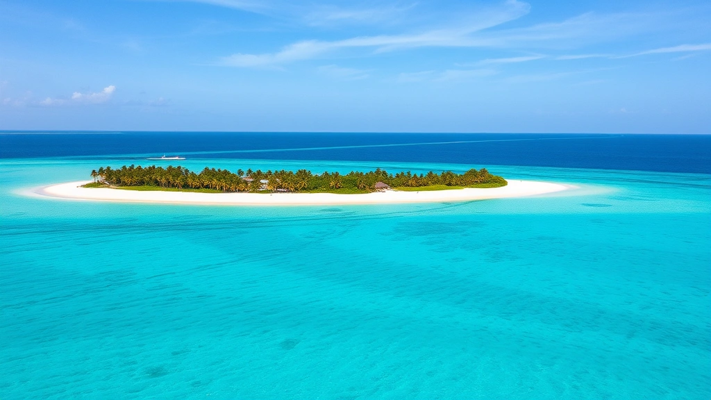 Aerial view of Bimini's pristine turquoise waters and white sandy beaches with palm trees and clear blue sky, tropical paradise scenery