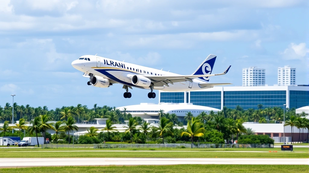 Modern aircraft taking off from Miami International Airport with palm trees and terminal buildings visible in distance, sunny day