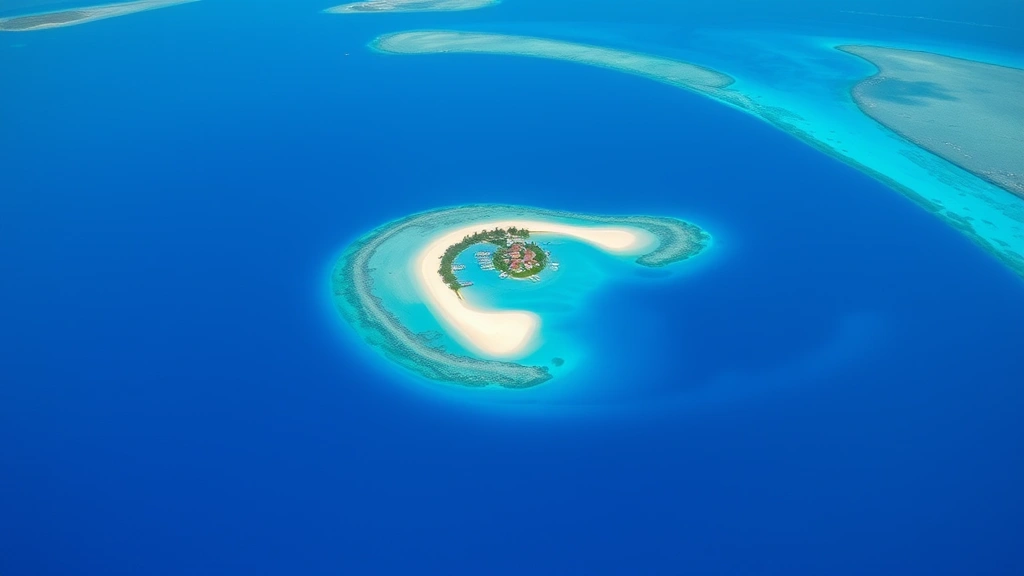 Aerial view of turquoise lagoon surrounding Bora Bora island with white sand beaches and coral reefs visible from above, bright tropical sunlight