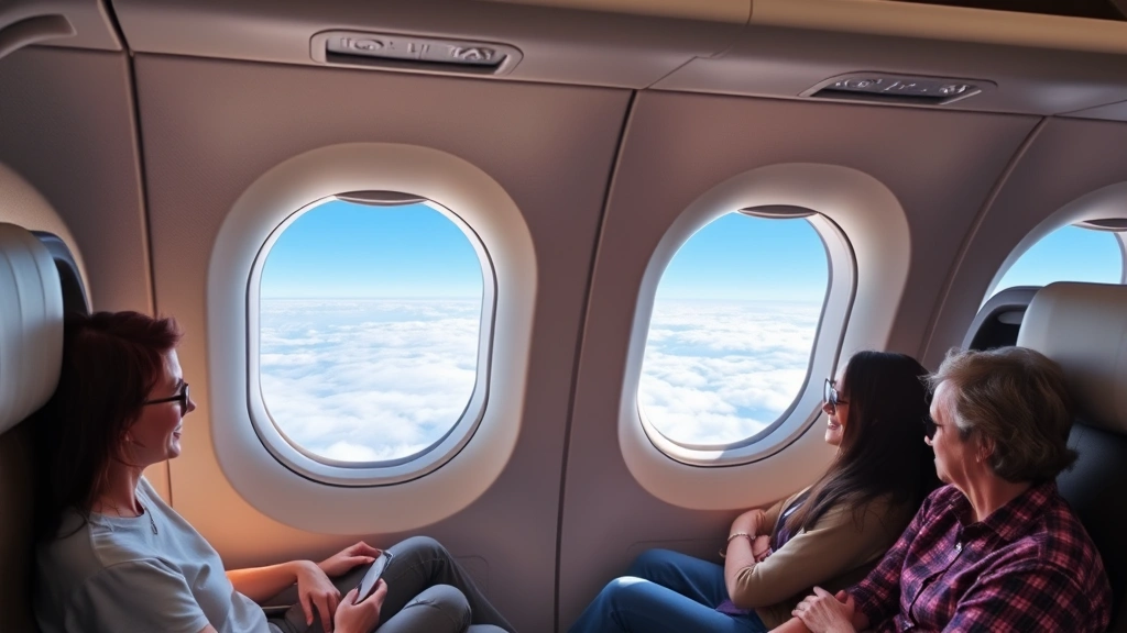 Modern aircraft cabin interior during flight with passengers relaxing, window showing Pacific Ocean clouds below, contemporary aircraft seating