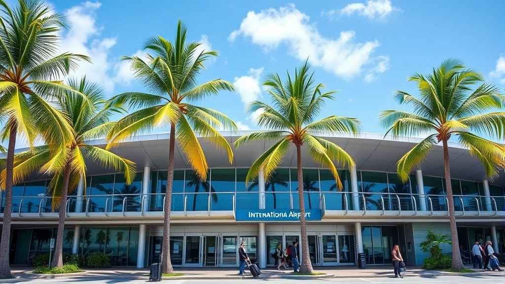 Bora Bora International Airport terminal exterior with tropical palm trees, modern architecture, clear blue sky, and passengers with luggage outside