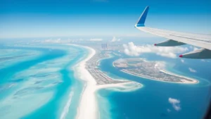 Aerial view of turquoise Caribbean water and white sand beaches of Cancun resort zone from airplane window, showing pristine coastline and resort developments below during daytime flight