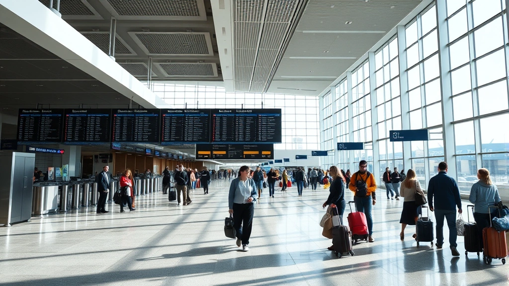 Modern airport terminal interior with travelers checking departure boards and moving through gate areas, bright natural light, diverse passengers with luggage, professional travel environment