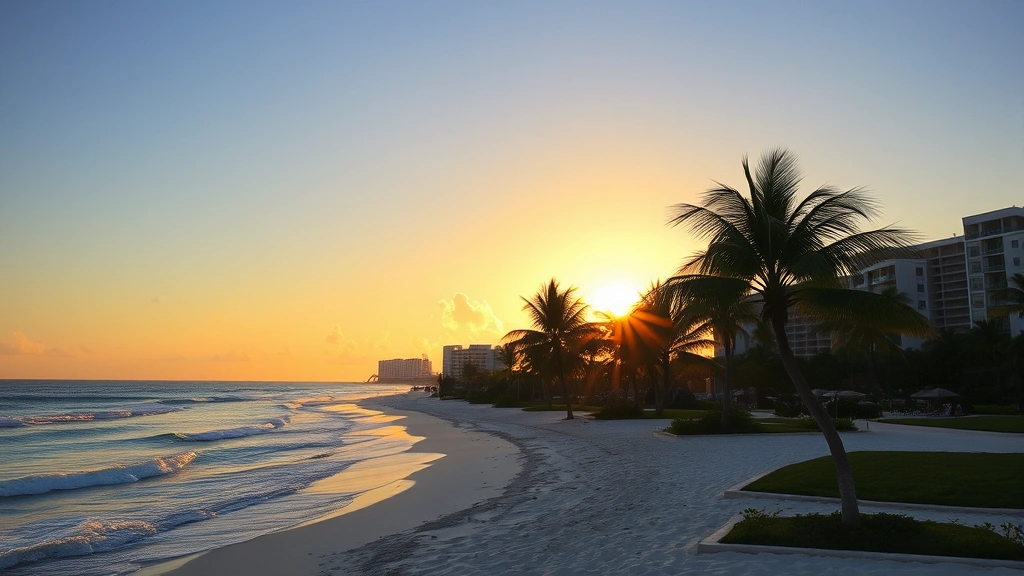 Sunset over Cancun beachfront with palm trees, ocean waves, and resort buildings in distance, golden hour lighting, tropical paradise atmosphere with clear skies