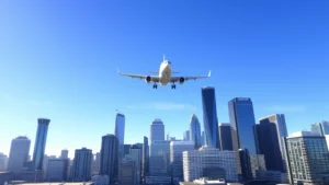 Aerial view of Houston skyline with commercial aircraft approaching Intercontinental Airport, clear blue sky, modern city buildings reflecting sunlight, dynamic travel atmosphere