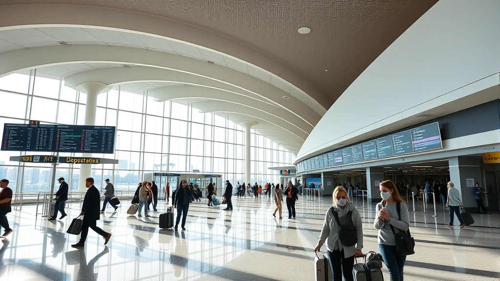 Interior of modern airport terminal with travelers checking departure boards, natural lighting, diverse passengers with luggage, contemporary airport architecture and design