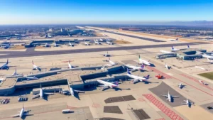 Aerial view of Los Angeles International Airport (LAX) with multiple aircraft at gates, tarmac, and runways visible during daytime with clear skies