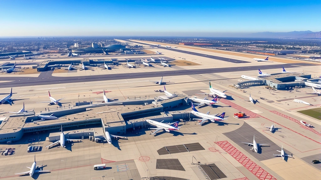 Aerial view of Los Angeles International Airport (LAX) with multiple aircraft at gates, tarmac, and runways visible during daytime with clear skies