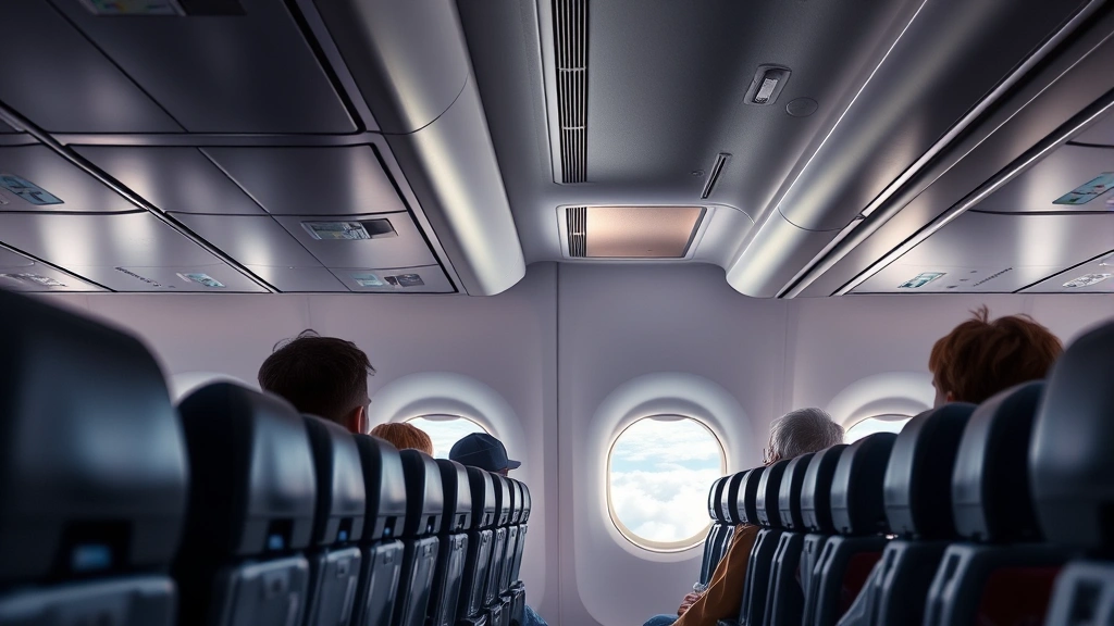 Modern airplane cabin interior during flight with passengers in economy seats, overhead bins, and window views of clouds and sky, realistic travel scene