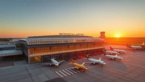 Aerial view of Columbia Metropolitan Airport terminal building with aircraft parked at gates during golden hour sunset, modern architecture with glass and steel, clear sky, photorealistic