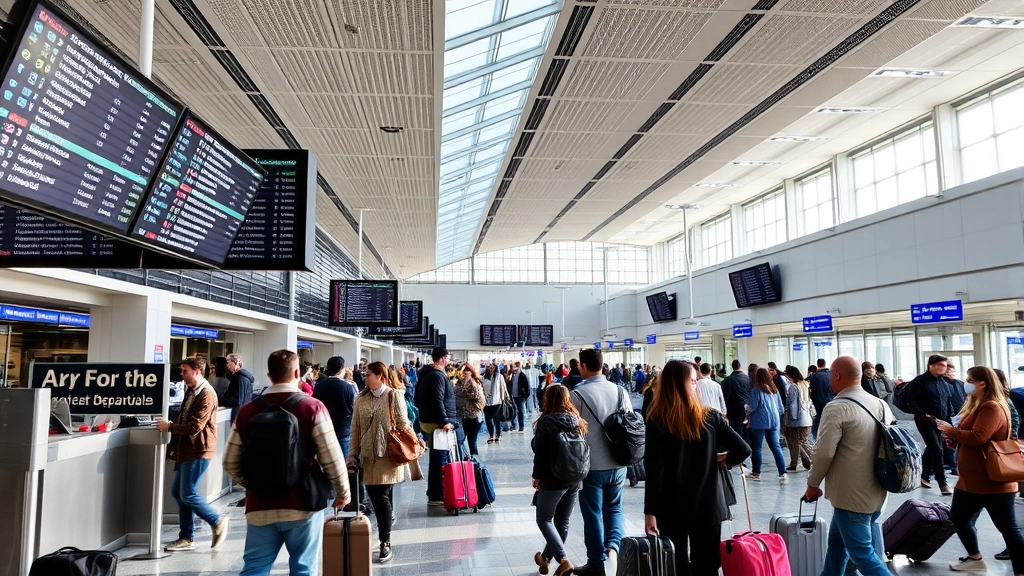 Busy airport departure hall with travelers checking in at counters, digital flight information displays showing destinations, natural lighting from skylights, diverse passengers with luggage