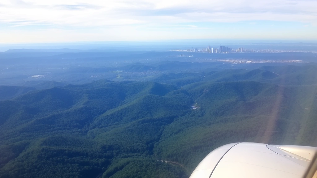 Scenic view of South Carolina landscape from aircraft window showing rolling hills, forests, and distant city skyline of Columbia, morning light, realistic aerial photography
