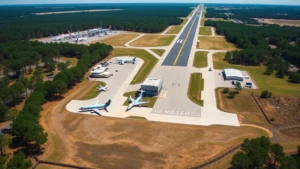 Aerial overhead view of Columbia Metropolitan Airport CAE with runway and taxiway, aircraft parked at gates, surrounded by South Carolina pine forests and green landscape, clear sunny day, realistic photography