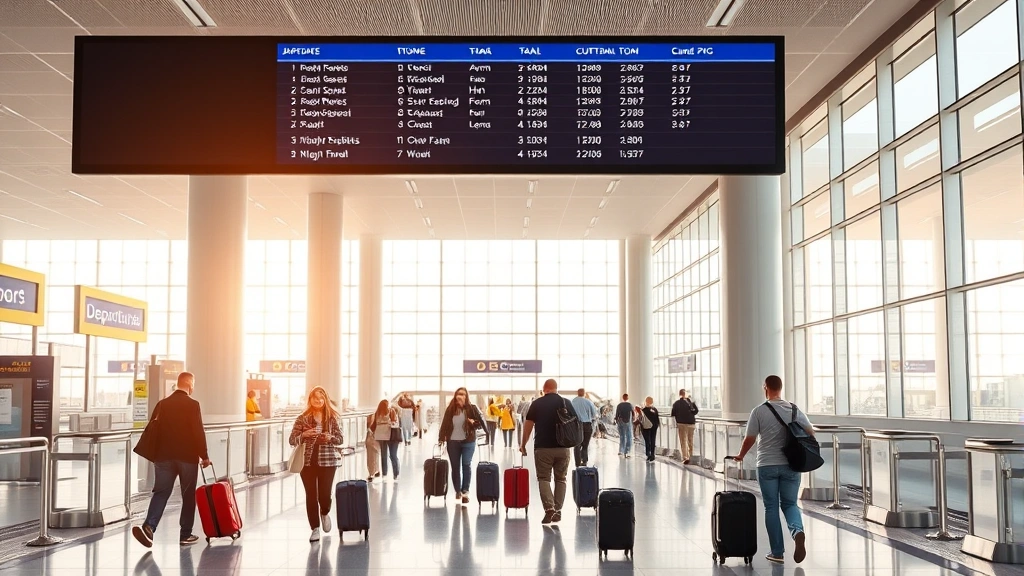 Modern airport terminal interior showing departure board with flight information, passengers with luggage walking through bright corridor with natural light, check-in counters visible, contemporary design, photorealistic travel scene
