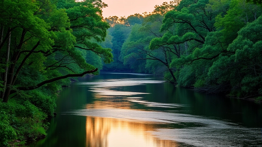 Scenic landscape of Congaree National Park near Columbia with lush green forest canopy, river reflections, natural beauty representing Columbia SC destination, golden hour lighting, no people or text visible