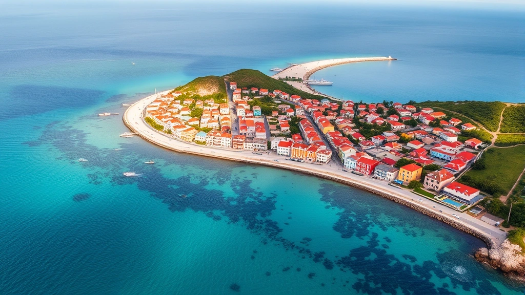 Aerial view of Curaçao coastline with colorful Dutch colonial buildings and turquoise Caribbean waters, morning light, vibrant architecture visible from above