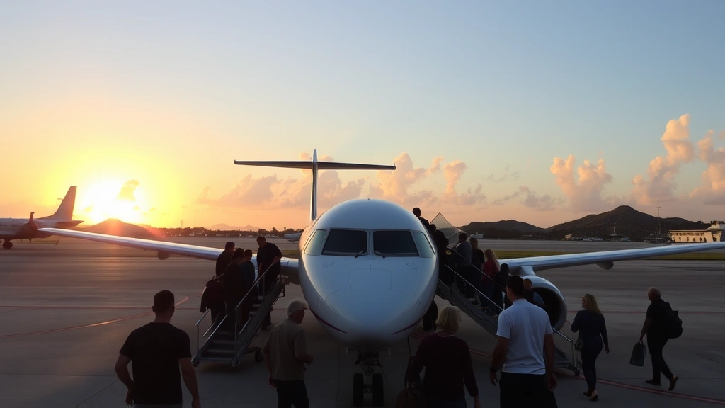 Passengers boarding modern aircraft at Curaçao International Airport with tropical sunset, ground crew preparing plane, island landscape in background