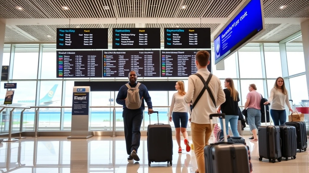 Traveler at airport departure hall checking flight information displays, modern terminal interior with Caribbean views, businessman and families checking luggage
