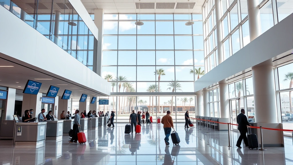 Modern airport terminal interior at Curacao International Airport with check-in counters and travelers with luggage, tropical palm trees visible through windows
