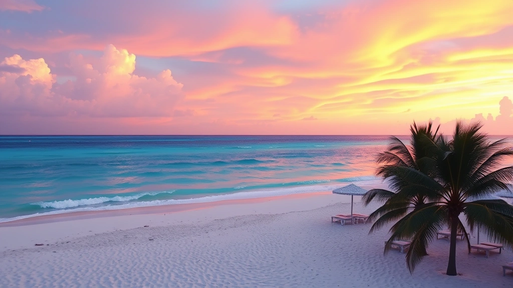 Sunset beach scene in Curacao with pristine white sand, crystal clear turquoise water, and dramatic pink-orange sky, palm trees and beach umbrellas in foreground