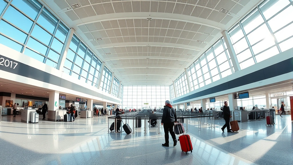 Wide-angle photograph of James M. Cox Dayton International Airport terminal interior showing modern check-in counters and travelers with luggage, natural daylight streaming through large windows, professional airport atmosphere