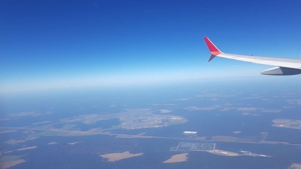 Aerial view of a commercial aircraft in flight over Ohio landscape with patchwork farmland and forests visible below, clear blue sky, wing visible in foreground