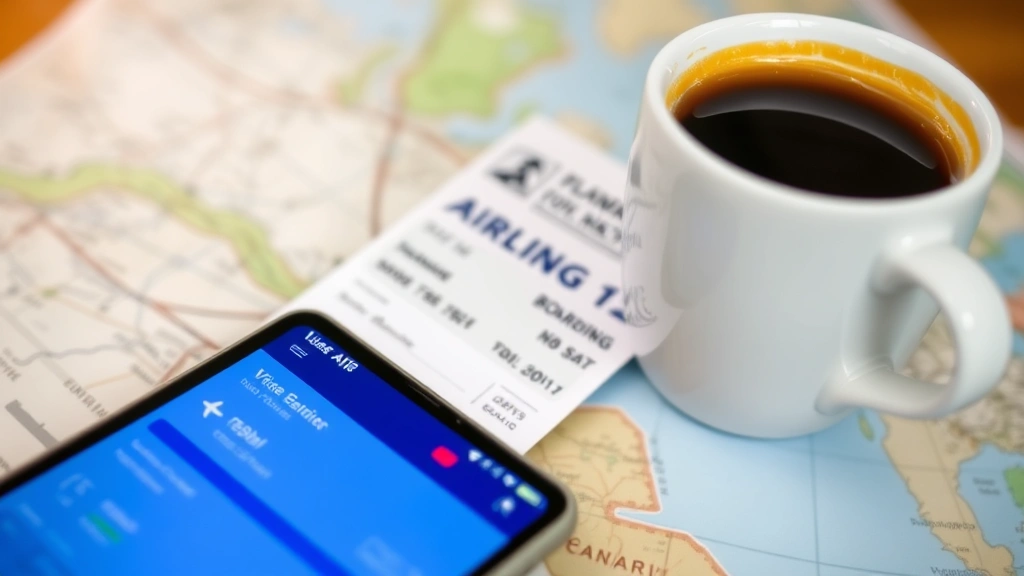 Close-up of airline boarding pass and mobile phone displaying flight details, coffee cup on wooden table, travel planning concept with map visible in soft focus background