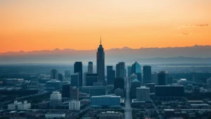 Photorealistic aerial view of Denver skyline with Rocky Mountains in background at golden hour, professional cityscape photography, no text or signage visible