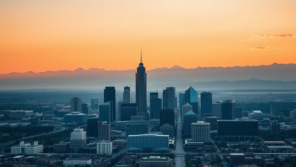 Photorealistic aerial view of Denver skyline with Rocky Mountains in background at golden hour, professional cityscape photography, no text or signage visible