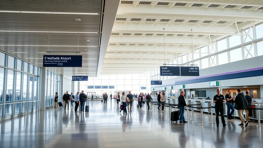 Salt Lake City International Airport departure hall with travelers checking in, modern airport interior, bright natural lighting, no boarding passes or identifying information visible
