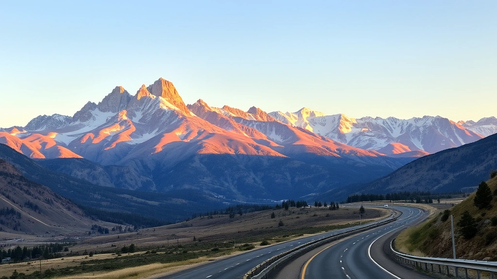 Mountain landscape between Salt Lake City and Denver showing scenic highway and peaks, golden hour alpine scenery, travel destination photography, no road signs or text