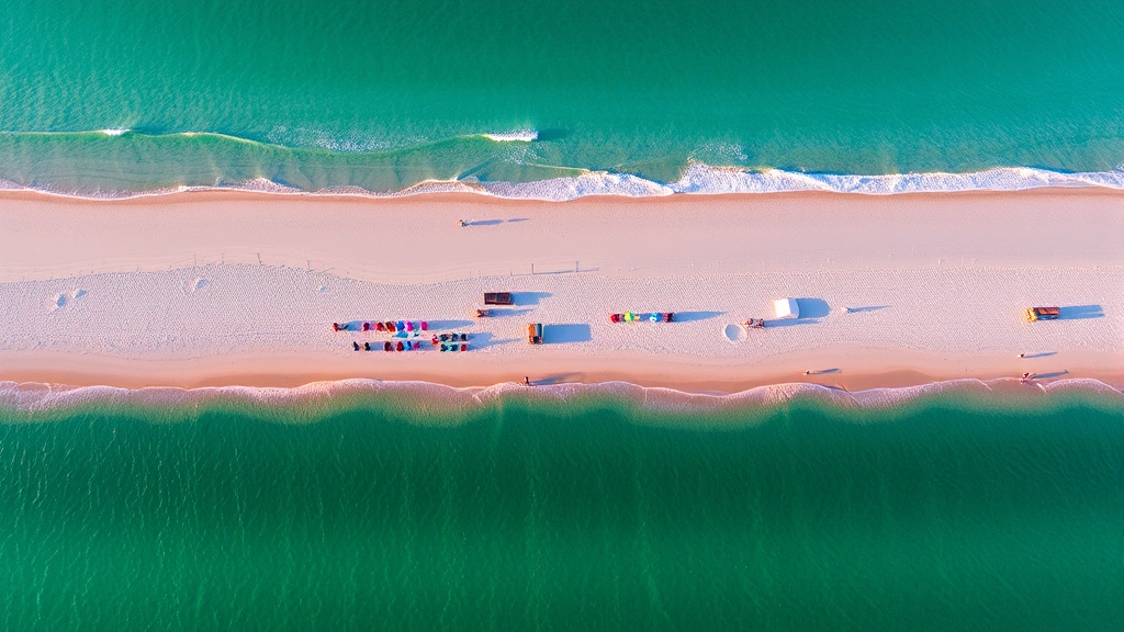 Aerial view of turquoise waters and white sand beach at Destin, Florida coastline with colorful beach umbrellas and tourists enjoying the shore during golden hour sunset