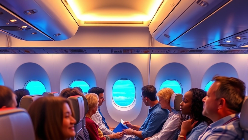 Modern airplane cabin interior with passengers seated comfortably during flight, blue sky visible through window, warm cabin lighting, professional airline service environment