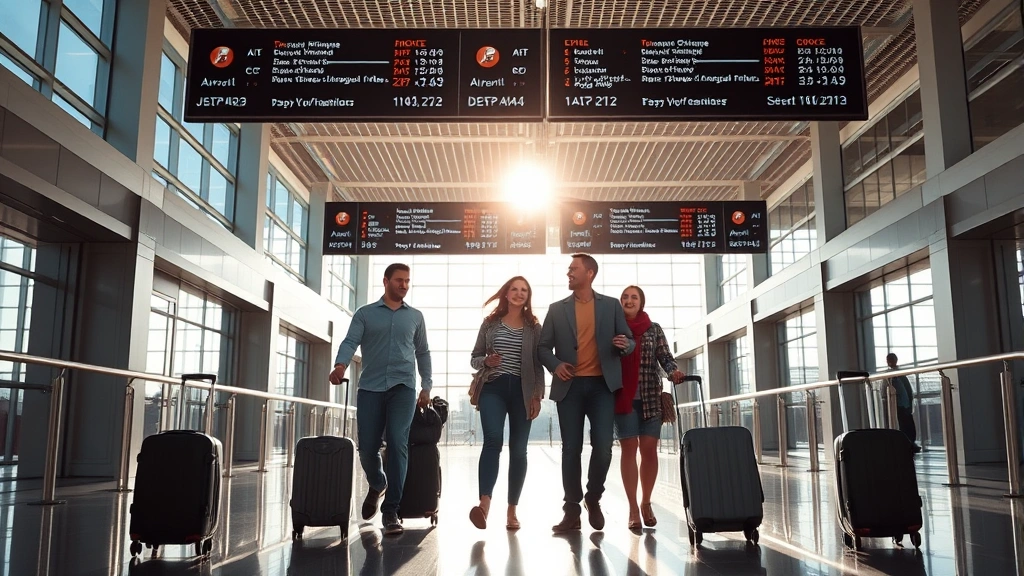 Family group walking through bright modern airport terminal with luggage, departure boards visible overhead, natural light streaming through large windows, travel excitement captured