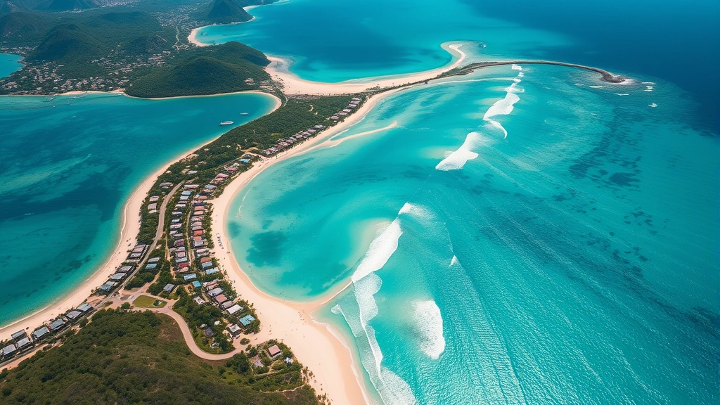 Aerial view of Montego Bay coastline with turquoise Caribbean waters, white sand beaches, and resort hotels nestled along the shore, bright tropical sunlight, photorealistic